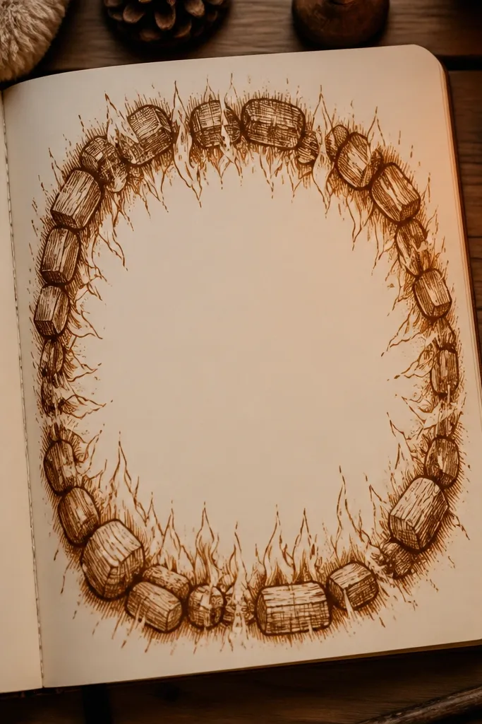 Border ring like a campfire with flickering lines and warm center writing