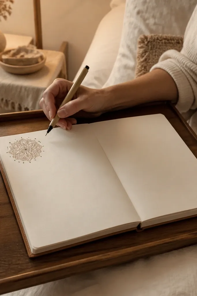 Small mandala seeds cluster in one corner with warm ink and lots of white space