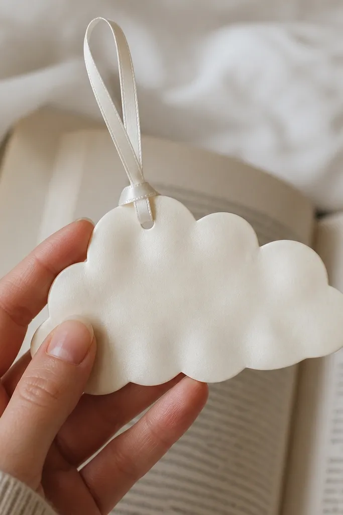 A hand-held bookmark made from cream cardstock shaped like a puffy cloud. The cloud has rounded bumps, a slightly glossy finish, and soft shadowing along the folds. A thin ribbon loop hangs from the top center.