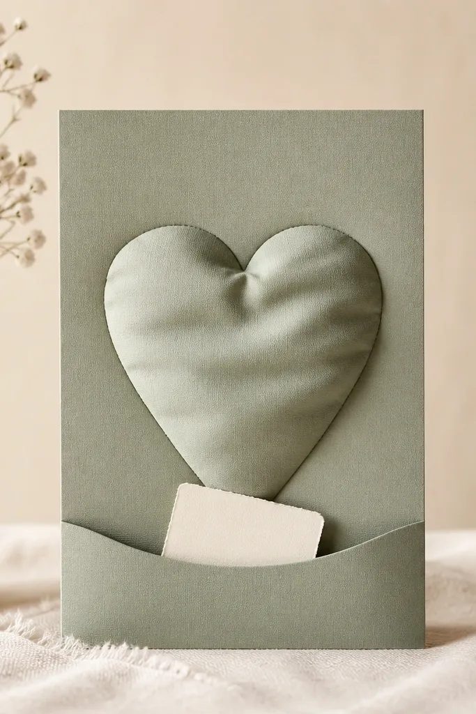 A small A6 card in muted sage green with a raised heart shape in the center. The heart looks slightly padded with curved folds, and a small pocket opening sits at the bottom edge holding a tiny note.