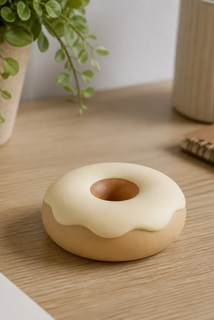 A small donut-shaped squishy sitting on a desk. The donut has a warm oatmeal outer ring with a slightly darker brown inner hole and a pale cream glaze top layer.