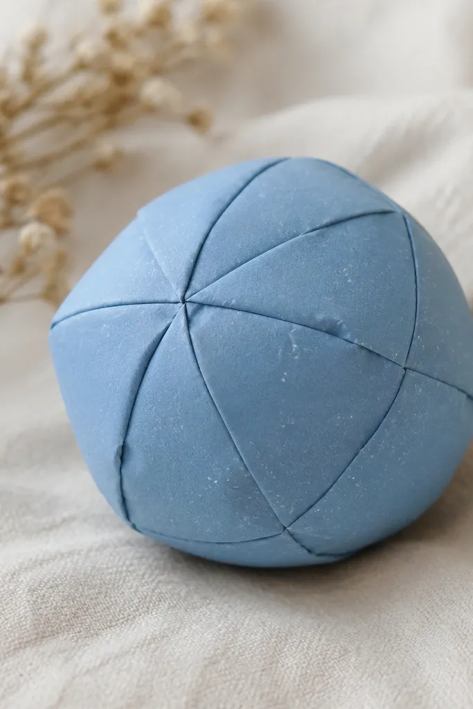 A round snowball-like paper squishy in dusty blue. It has stitched-looking lines created by folded segments and tiny white specks on the surface.