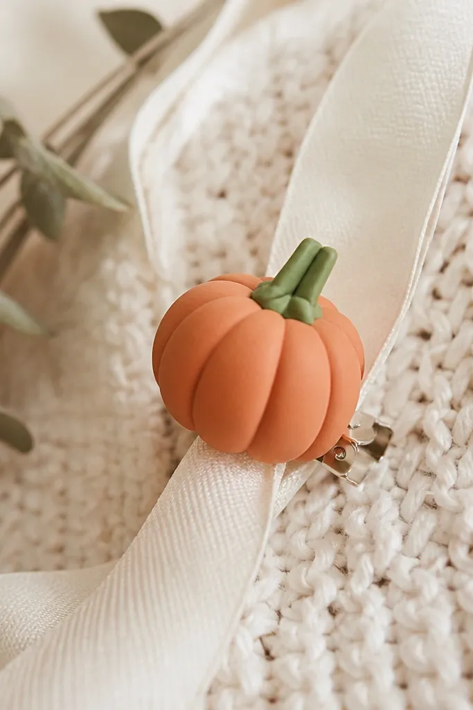 A tiny terracotta pumpkin squishy clipped onto a ribbon. The pumpkin has subtle ridges and a small green stem made from paper.