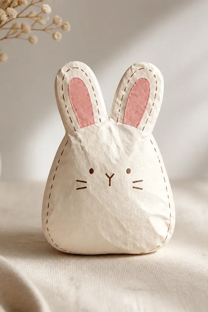 A bunny-shaped paper squishy with upright ears and a slightly wobble-able body. The bunny is off-white with a soft pink inner ear and tiny stitched lines drawn with a dark brown pen.