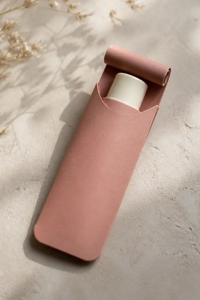 A rose clay colored paper sleeve around a small lip balm tube. The sleeve has rounded "puffed" corners and a rolled paper closure strip.