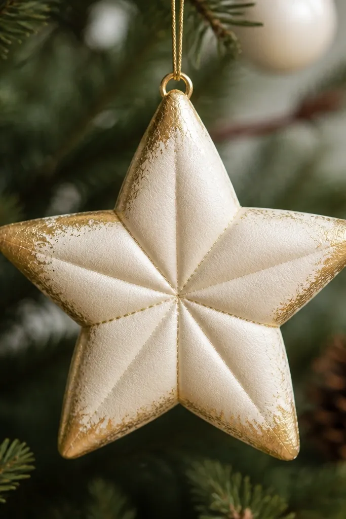 A star-shaped squishy ornament hung on a tree. The star is cream with gold foil edging and a small loop at the top, showing padded folds along each point.