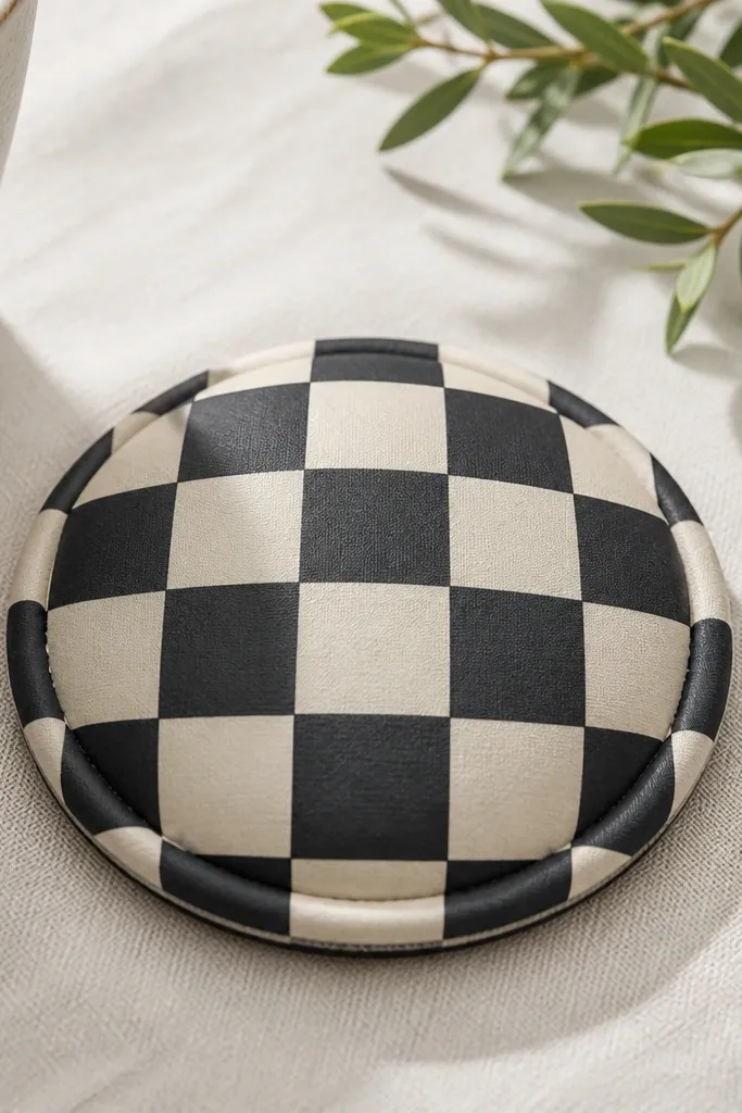A round black-and-cream checkered paper squishy coaster. It has a slightly domed look and a soft, padded edge ring.