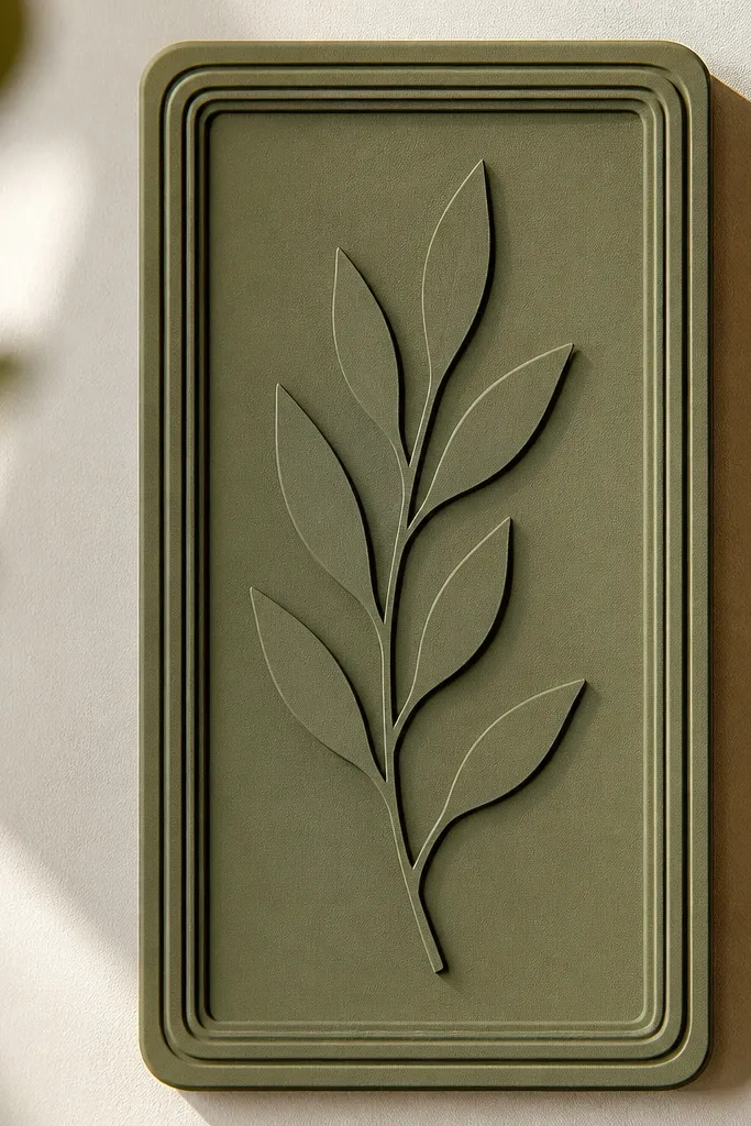 A rectangular wall tag in olive green with a layered squishy border. A simple paper branch silhouette sits centered, with slightly raised edges around it.