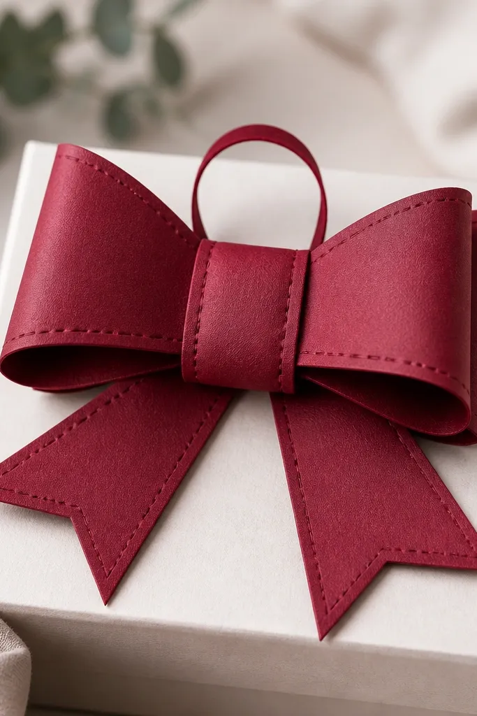 A berry red bowtie gift topper made of paper. The bow has padded centers and tiny stitched lines, with a small loop for attaching to a gift.