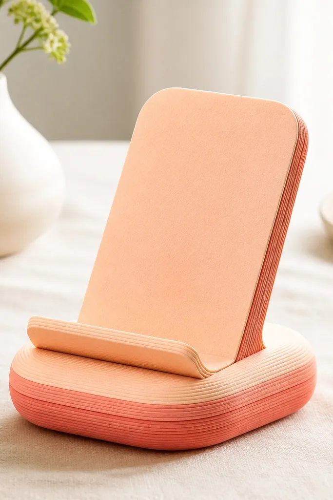 A small phone stand made from layered peach and coral paper. The stand has a rounded squishy base and a slanted back panel with a soft look.