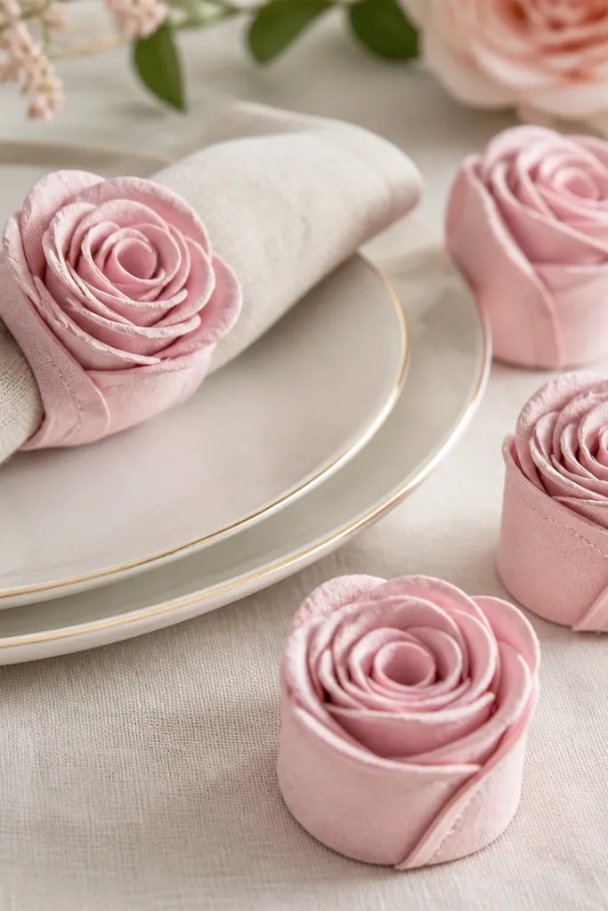 A set of powder pink paper napkin rings shaped like tiny rosebuds. Each ring shows layered petals with slight padding and a small wrap seam.