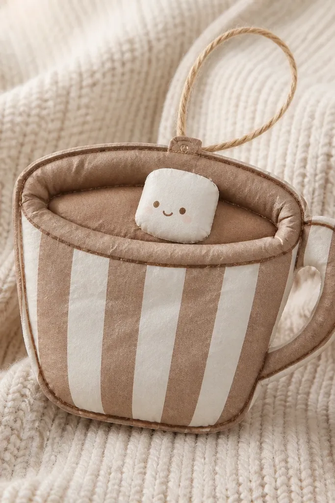 A hot cocoa cup-shaped paper squishy tag with cream and brown stripes. The cup has a padded rim and a small twine loop, with a tiny marshmallow cutout on top.