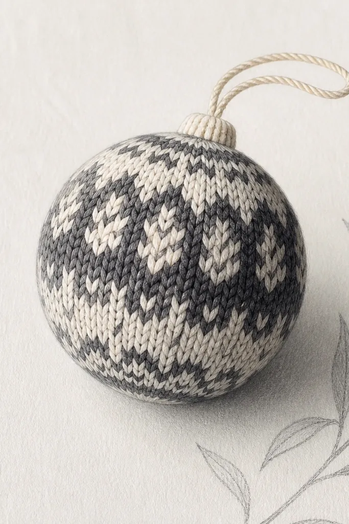 A small spherical ornament with a charcoal and cream knit pattern drawn on paper. The surface shows curved knit lines and a soft padded look.