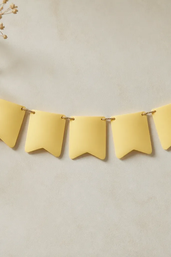 A tiny banner made of several lemon-yellow paper flags. Each flag has a slightly puffed center and rounded corners, strung on twine.