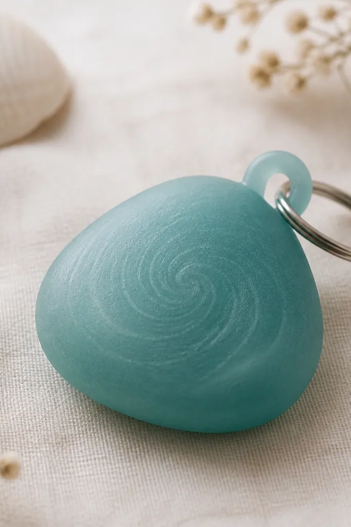 A sea glass teal squishy keychain charm shaped like a rounded blob with a small loop. The surface has a faint swirl pattern and a matte finish.