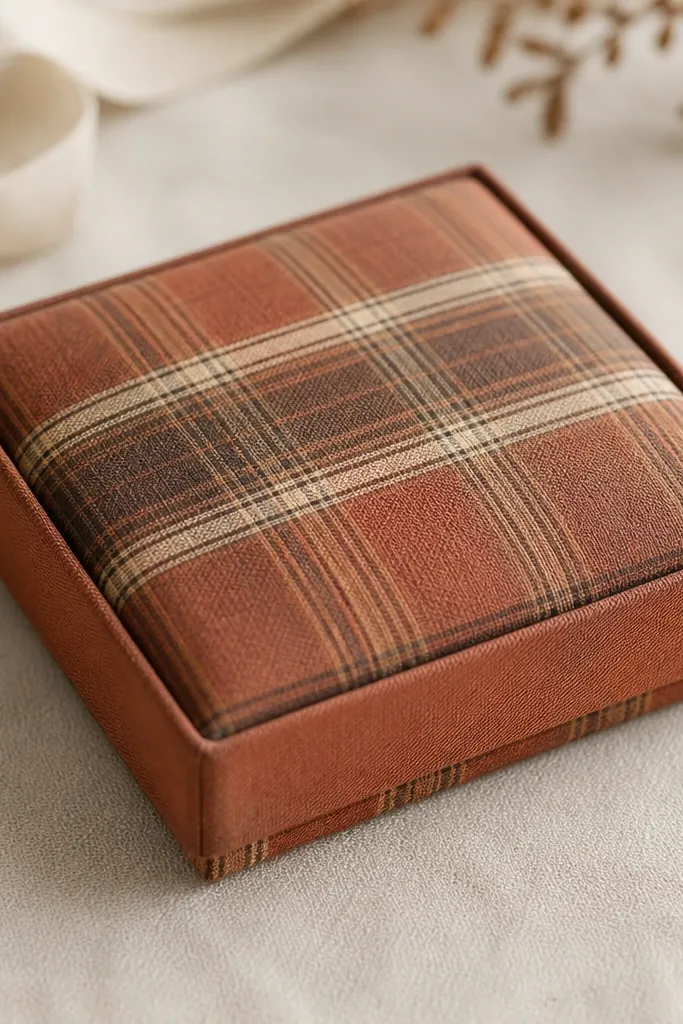 A small gift box lid covered with rust plaid paper. The lid has a padded center panel and a ribbon band around the edge, giving it a squishy, wrapped look.