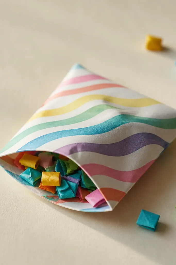 A small pocket made from paper with a rainbow streamer pattern. The pocket is slightly padded and holds tiny folded confetti pieces.