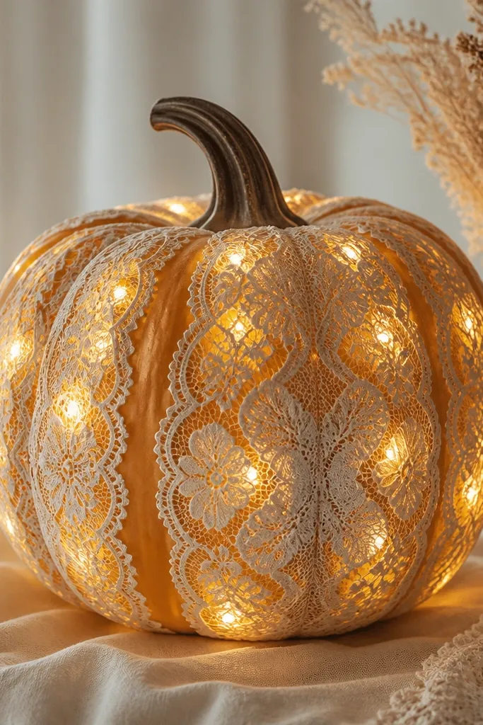 A medium orange pumpkin wrapped with cream lace panels. Warm white micro LED fairy lights glow from behind the lace, creating soft halos along the lace pattern.