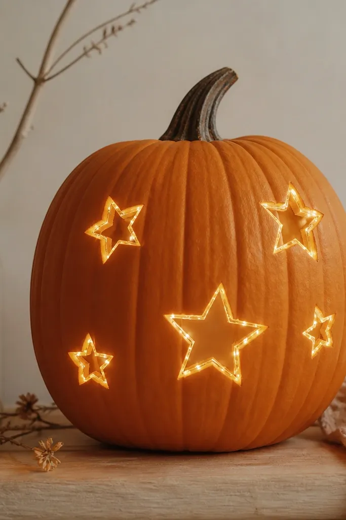 A carved pumpkin with minimal star cutouts. Warm white string lights are threaded along the carved edges, glowing around each star shape.