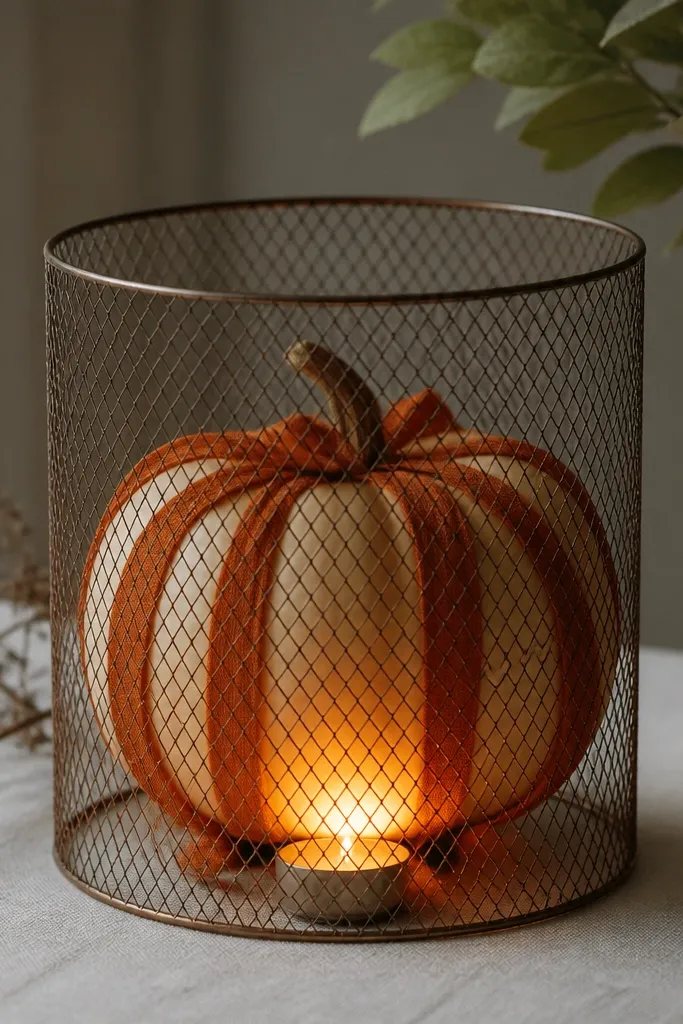 A pumpkin wrapped in rust-orange ribbon bands. A thin metal mesh cylinder sits around it like a lantern, and a warm tea light glows inside.