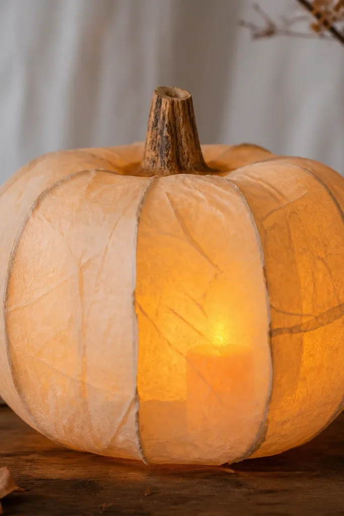 A pumpkin covered with crinkled parchment paper panels. A single LED candle glows in the center, creating a warm, paper-lantern effect.