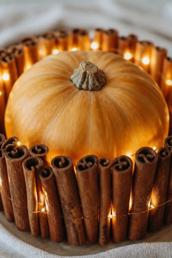 A pumpkin surrounded by cinnamon sticks arranged in a tidy ring. Warm fairy lights glow behind the sticks, making the border look like a glowing wreath.