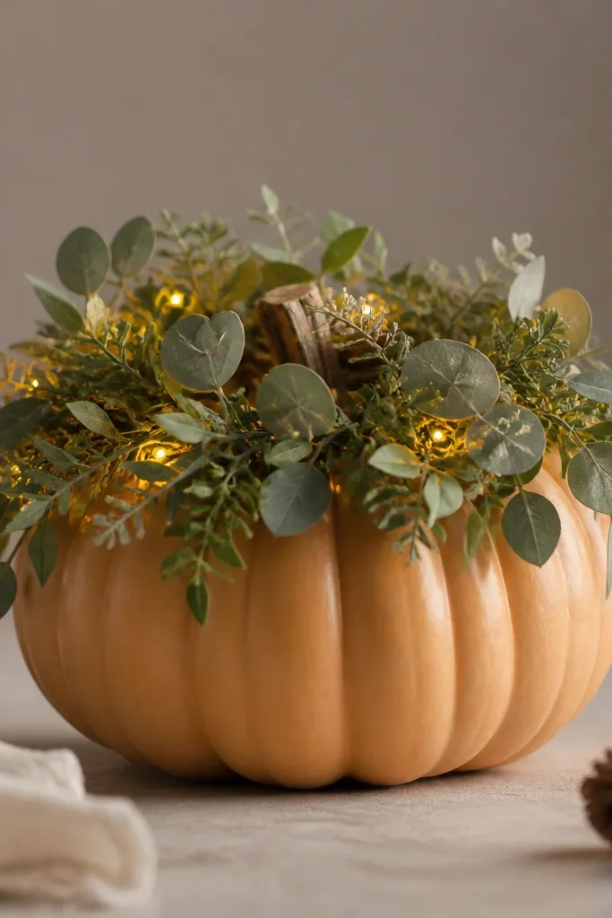 A pumpkin with a wreath-like greenery crown (eucalyptus and faux leaves). Warm lights glow through the leaves, with a small battery pack hidden under the top cluster.