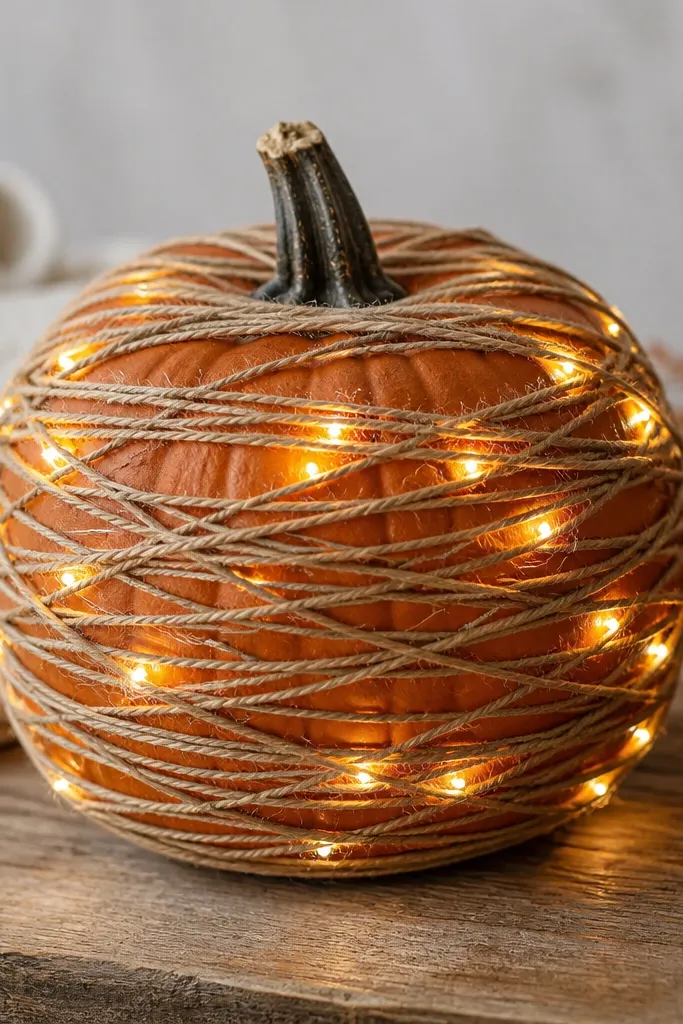 An orange pumpkin wrapped tightly in tan twine. Warm white LED string lights are tucked under the twine loops and glow through the gaps.