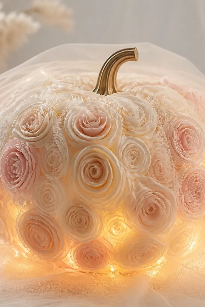 A pumpkin covered in layered fabric rosettes in cream and blush. Warm lights glow behind a soft white tulle veil, creating a dreamy halo.