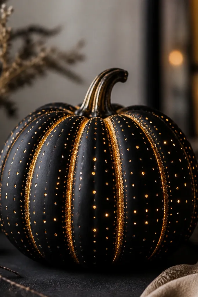 A matte black pumpkin painted and dotted with warm gold LED lights along carved lines. The glow looks like small gold sparks against the black surface.