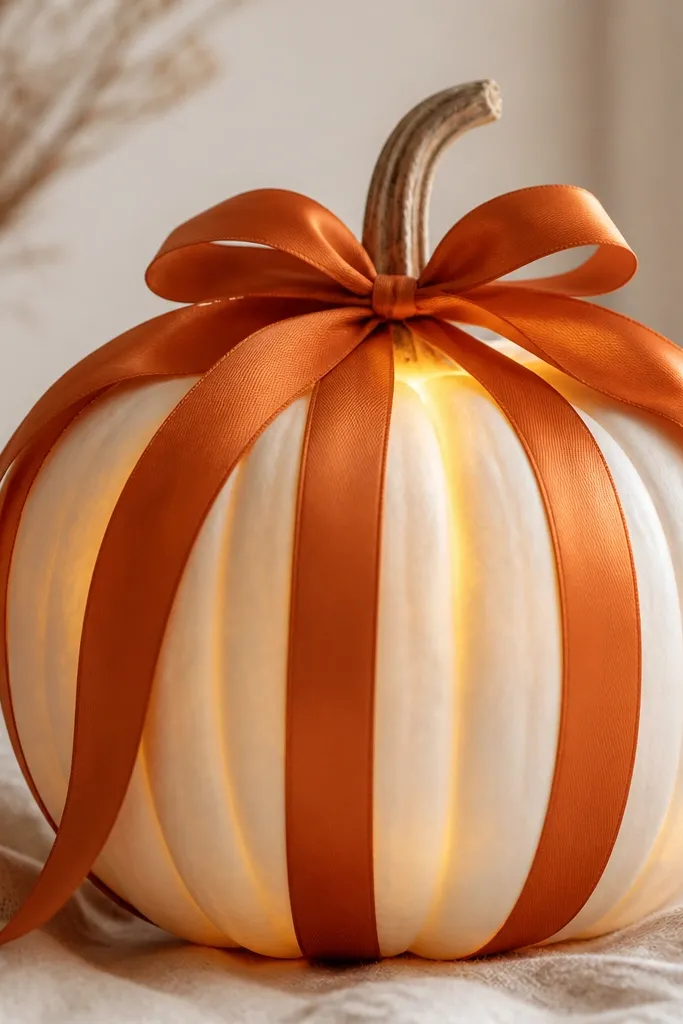 A white pumpkin wrapped with burnt orange ribbon bands. Warm LED candle lights glow from inside, and the ribbon catches the light.