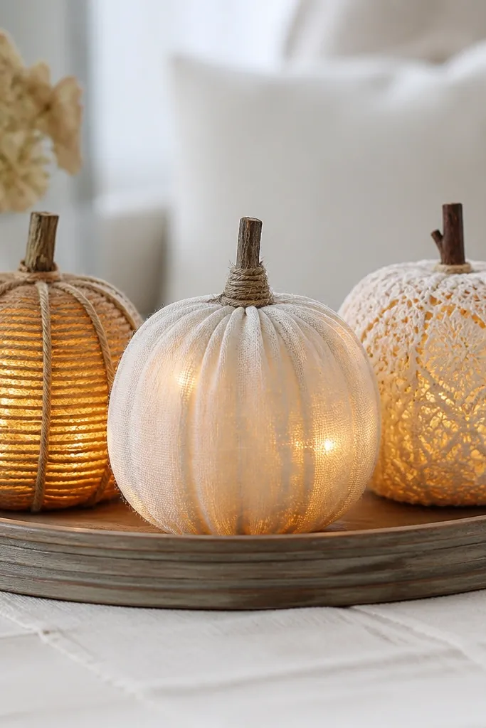 Three small pumpkins on a tray. Each has a different surface treatment - twine, fabric, and lace - but all show warm white lights glowing behind their materials.
