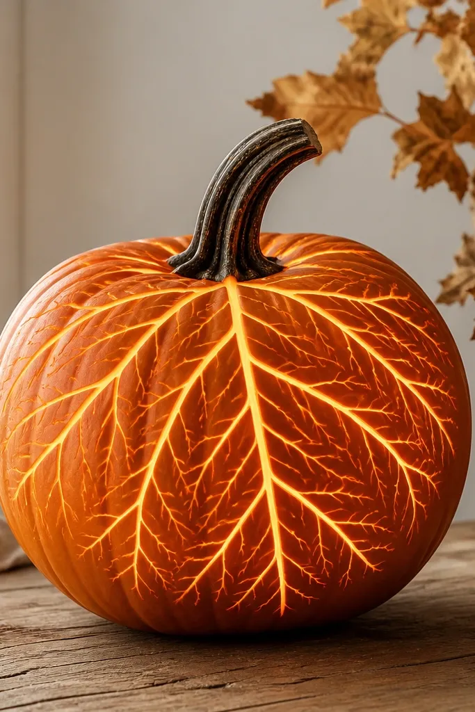 A pumpkin carved into leaf-vein lines radiating from the stem. Warm LED lights sit behind the carved lines, glowing like a leaf drawing.