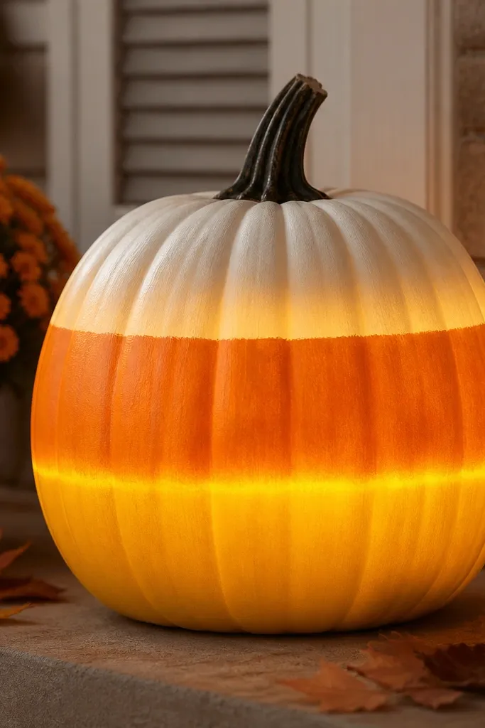 A pumpkin painted in three bands like candy corn. Warm white LEDs glow from inside, and a second warm yellow strip light adds a gradient effect.