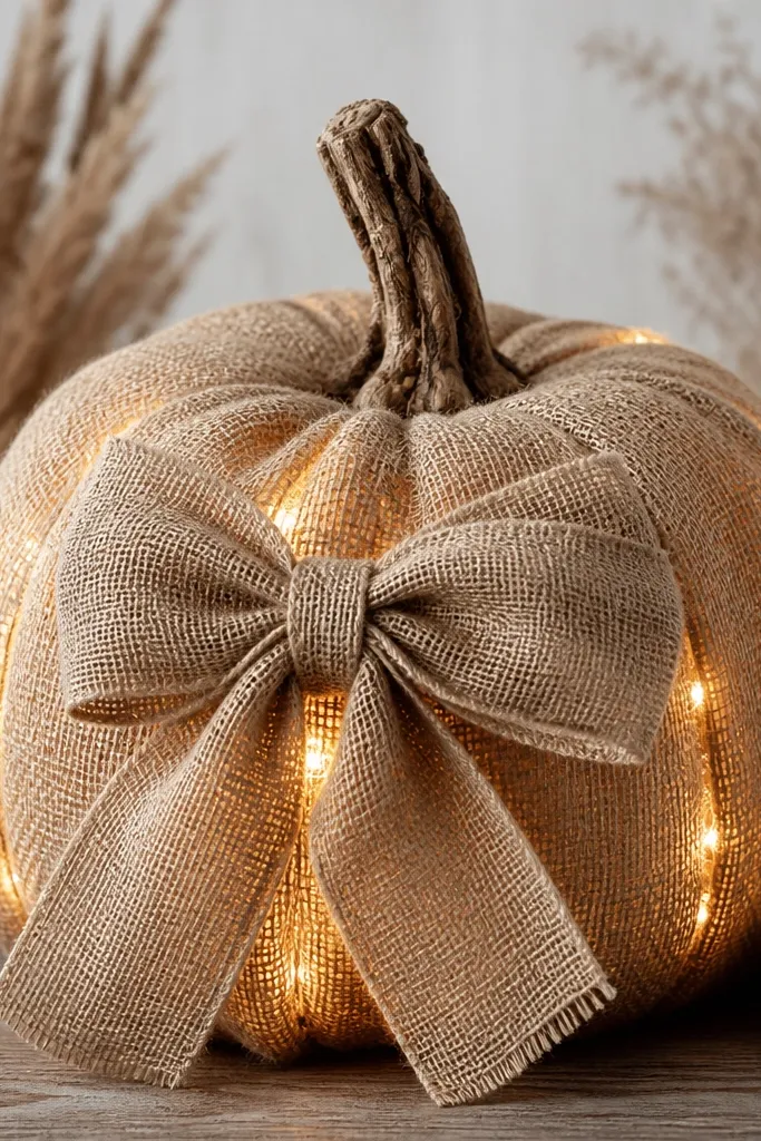 A burlap-wrapped pumpkin with a large burlap bow at the front. Warm string lights peek from under burlap seams, glowing softly.