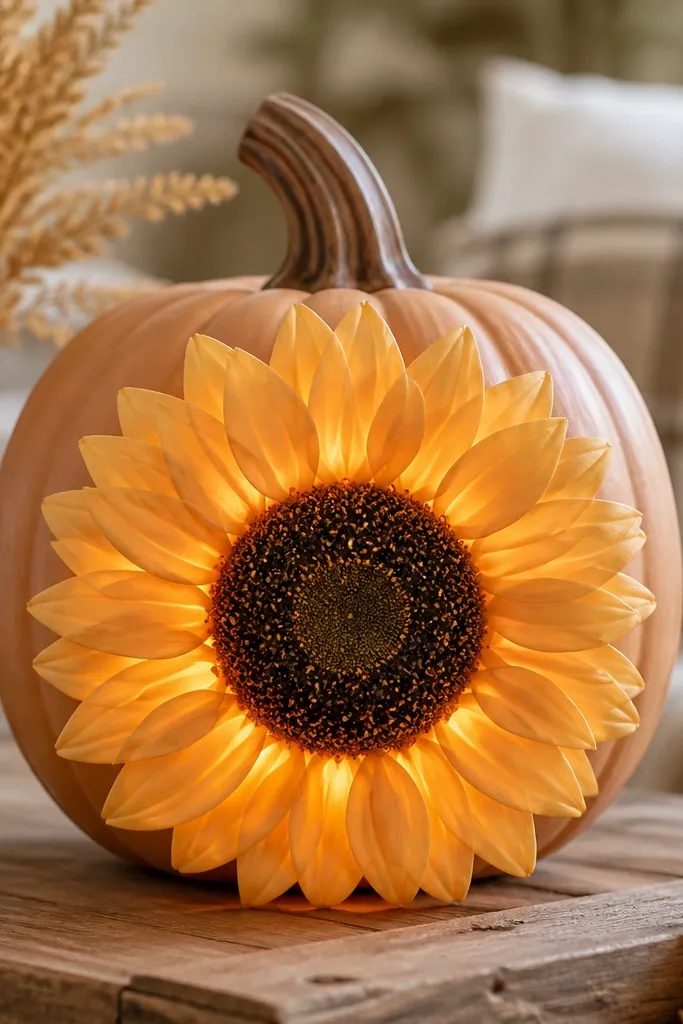 A pumpkin decorated with a large faux sunflower on the front. Warm LEDs are hidden behind the petals, making the petals glow from within.