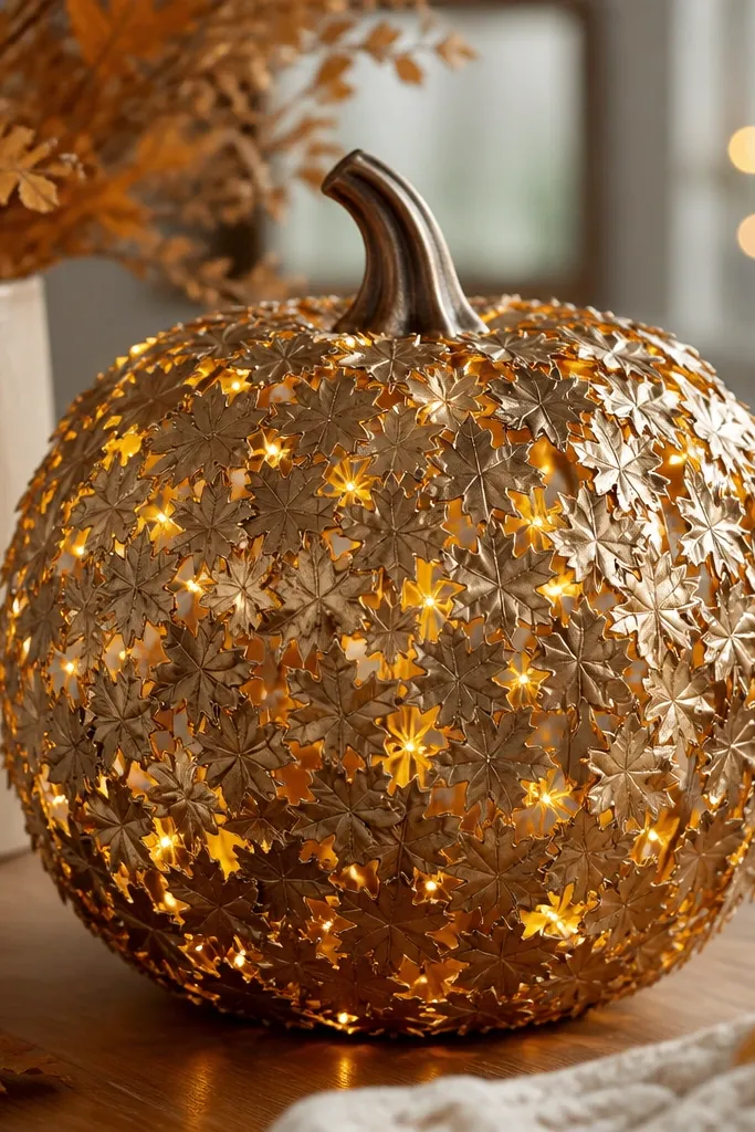 A pumpkin covered in small metallic leaf cutouts. Warm LEDs are hidden beneath the leaf pieces, glowing through the gaps like sparkles.