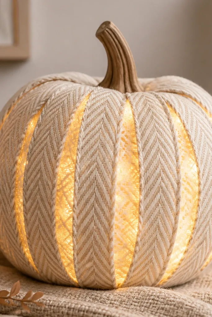 A pumpkin wrapped in cream and tan herringbone ribbon pattern. Warm white LEDs are tucked into the vertical ribbon lines, glowing through between strips.
