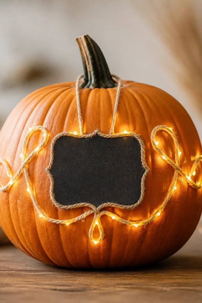 A pumpkin with a small chalkboard tag on the front. Warm LEDs are woven into twine lettering around the tag, glowing like hand-drawn lines.