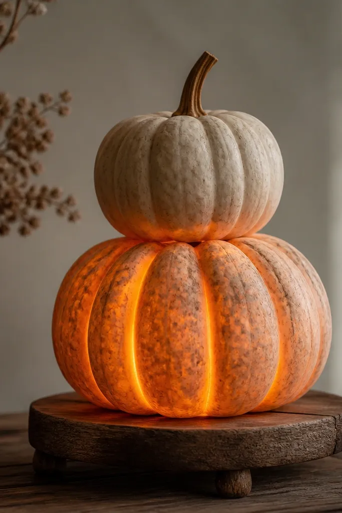 Two pumpkins stacked on a short wooden riser. Warm lights glow from inside the lower pumpkin and spill softly around the stack.