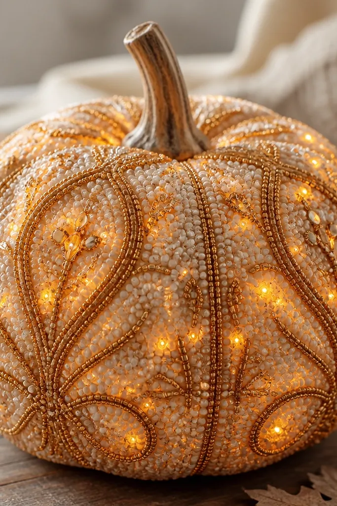 A pumpkin covered with a beaded garland pattern. Warm LED points glow behind seed beads, creating scattered warm sparkle.