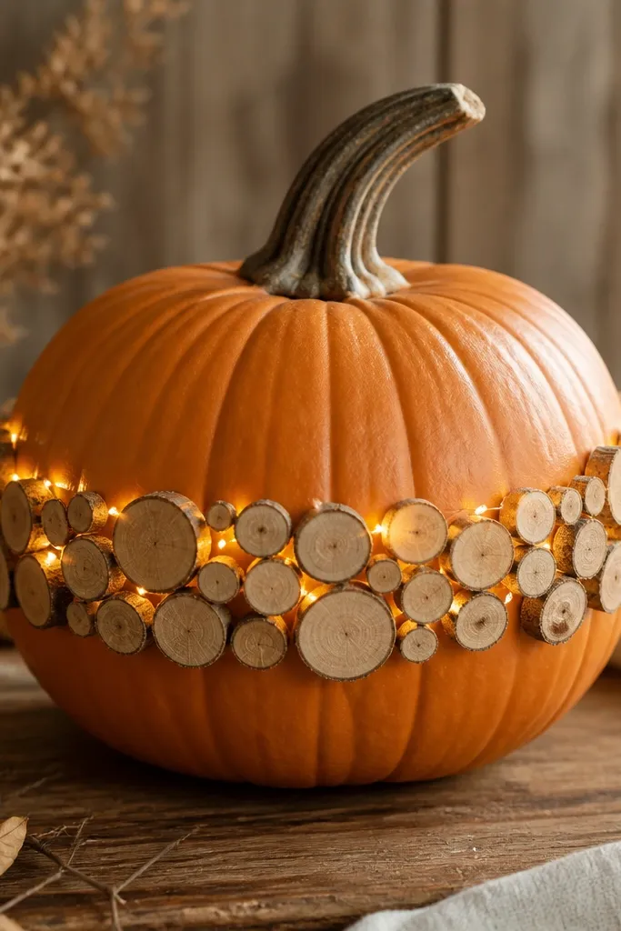 A pumpkin with a ring of small wood slices around the middle. Warm LEDs are threaded through and glow along the ring like a trail.