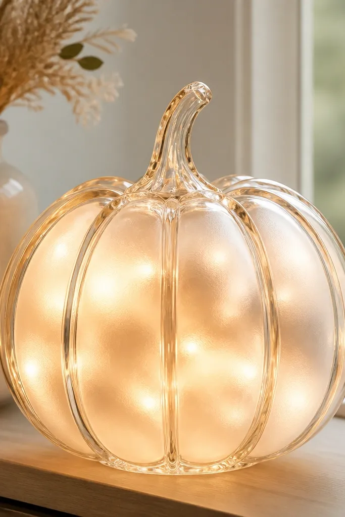 A clear pumpkin form with frosted vinyl panels on the surface. Warm LEDs glow from inside, and the vinyl turns the light into a soft, cloud-like look.