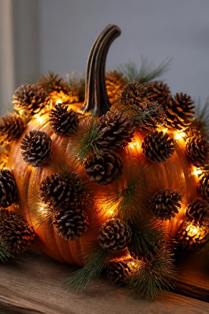 A pumpkin covered with scattered pinecones and pine needles. Warm LEDs are hidden between pinecones, glowing like tiny fireflies.