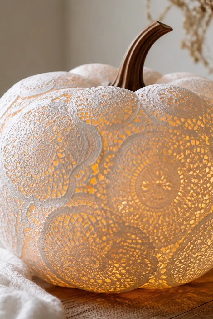A pumpkin covered with overlapping white paper doilies. A warm LED candle glow comes from the center, creating a lace-like halo.