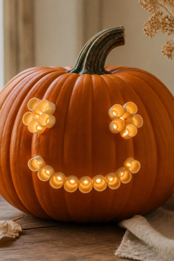 A pumpkin decorated with a simple smiling face made from small ribbon tubes. Warm LED lights peek out behind the ribbon tubes, creating a soft expression.