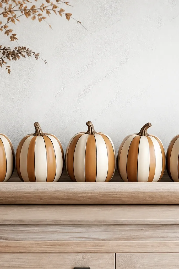 A row of 5 pumpkins: cream base with alternating cinnamon-brown vertical stripes, thin black pinlines between some stripes, and matte sealer that makes them look like painted ceramics. Stems are left natural, slightly darkened, and the pumpkins sit on a light wood tray.