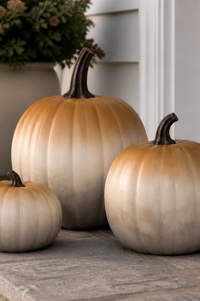Three pumpkins with a smooth mocha-to-cream ombre. The bottom third looks like soft smoke or fog in taupe and warm gray, with no hard edges. The stems are painted dark brown, and the finish is satin so it catches porch light.