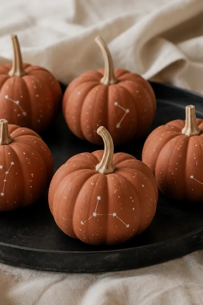 Six mini pumpkins on a black metal tray. Each has a terracotta base with scattered tiny off-white dots and a few small connected dots forming simple constellations. The stars are slightly raised-looking due to a light speckle texture, finished matte.