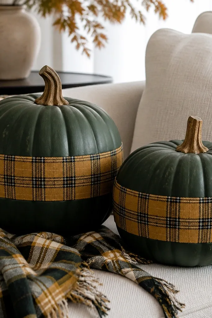 Two large pumpkins with a hunter green base. A gold plaid band wraps around the middle like a belt, with thin black lines crossing the gold grid. The plaid is crisp, and the pumpkins sit next to a plaid throw blanket on a couch.